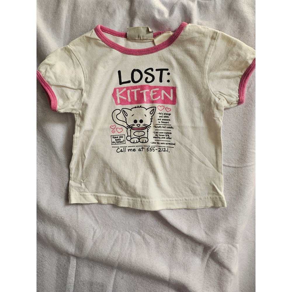Vintage Basic Editions Lost Kitten Ringer Tee Y2K Pink Cream Girls 6/6X